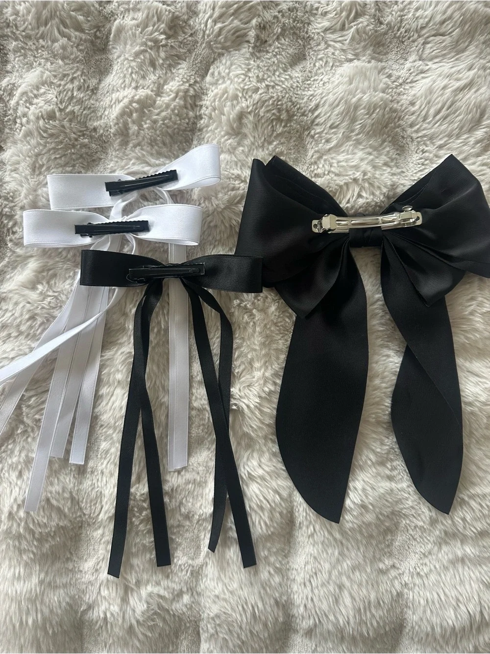 Set of 4 Satin Hair Bows - Black and White Ribbon Set